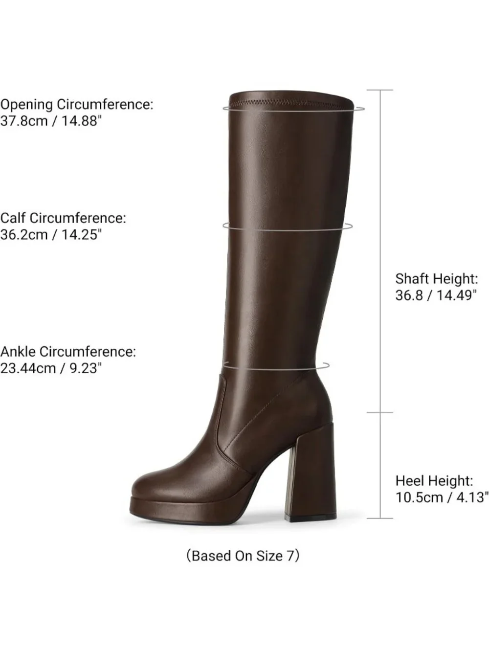 Women's Brown Chunky Platform Heel Round Toe Side Zipper Knee High Boots